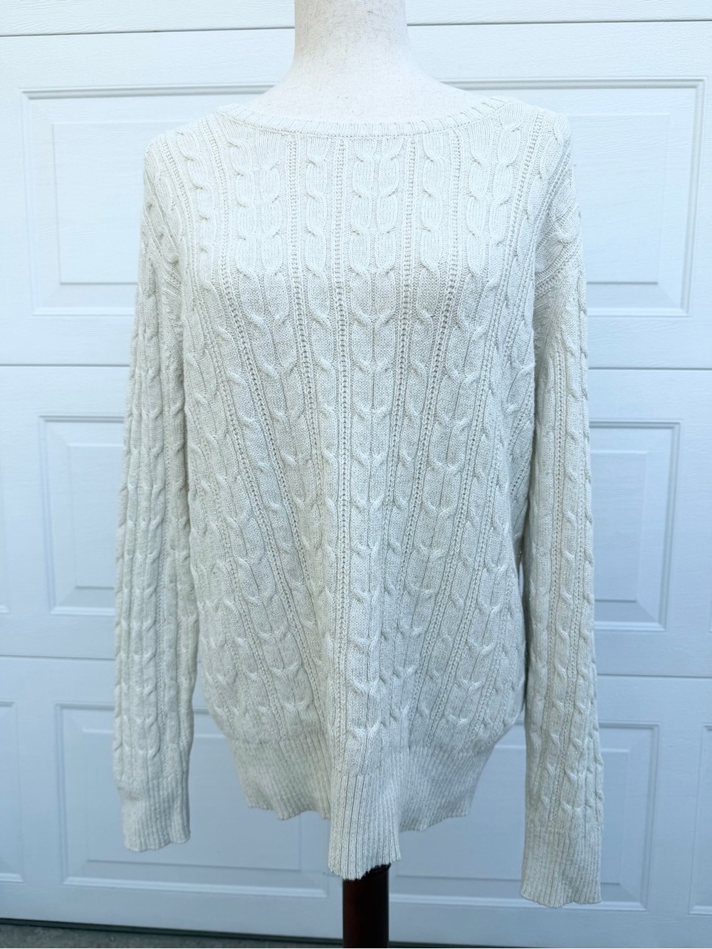 St John's Bay Cream Cable Knit Shimmer Sweater Boatneck Pullover Size XL